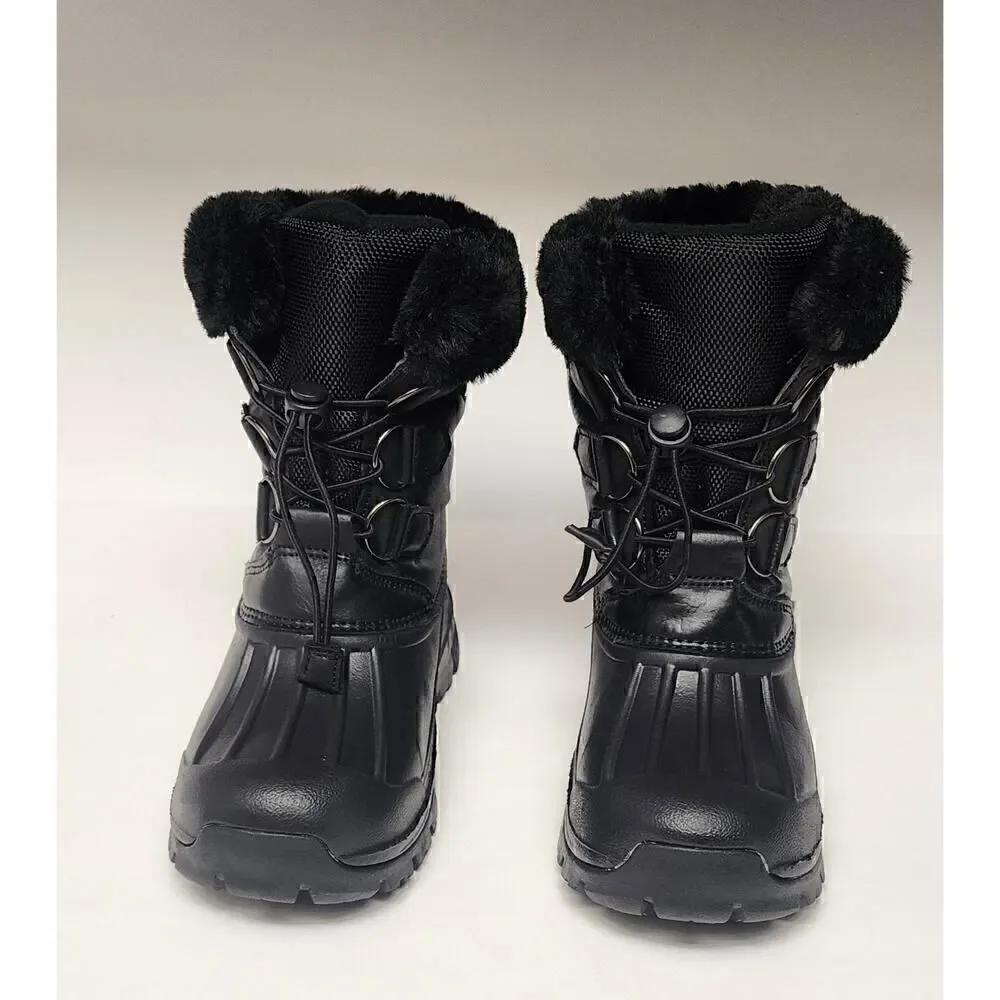 Toddler Kid's Lace Up Elastic Black Faux Fur Snow Boots Size 30/12.5